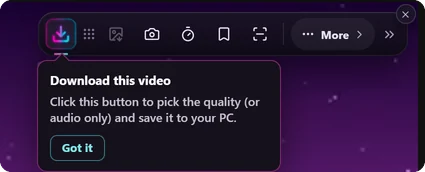 The Aurora toolbar on a video with the tip: Download this video. Click this button to pick the quality or audio only and save it to your PC.