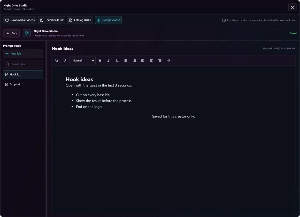 Notes saved inside a creator's workspace: a formatted page of hook ideas with a list of tabs on the left.