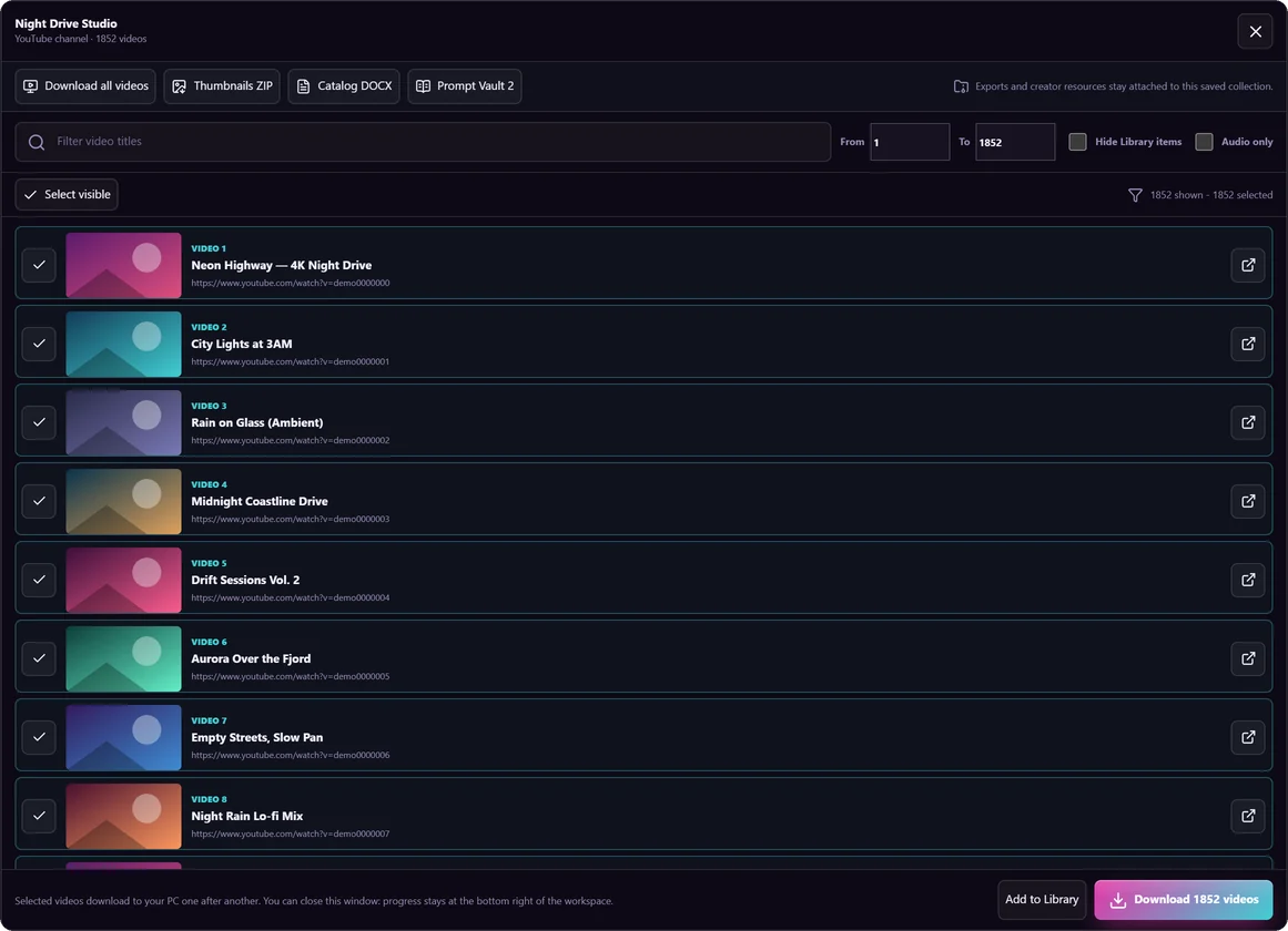 A creator's workspace listing all 1,852 of the channel's videos with thumbnails, a range filter and export buttons.